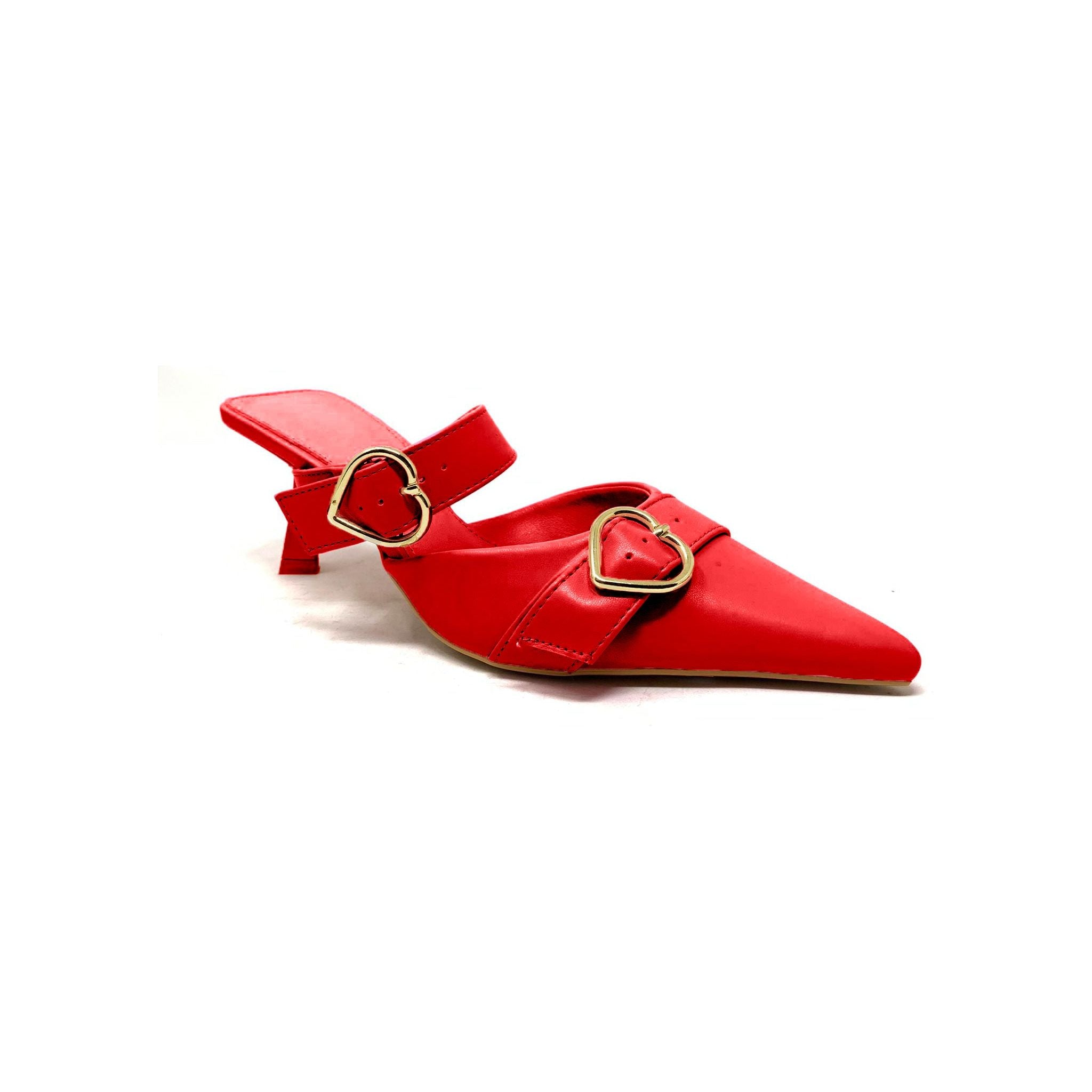 Fall In Love - Women Pointy Toe Heart Buckle Kitten Heel