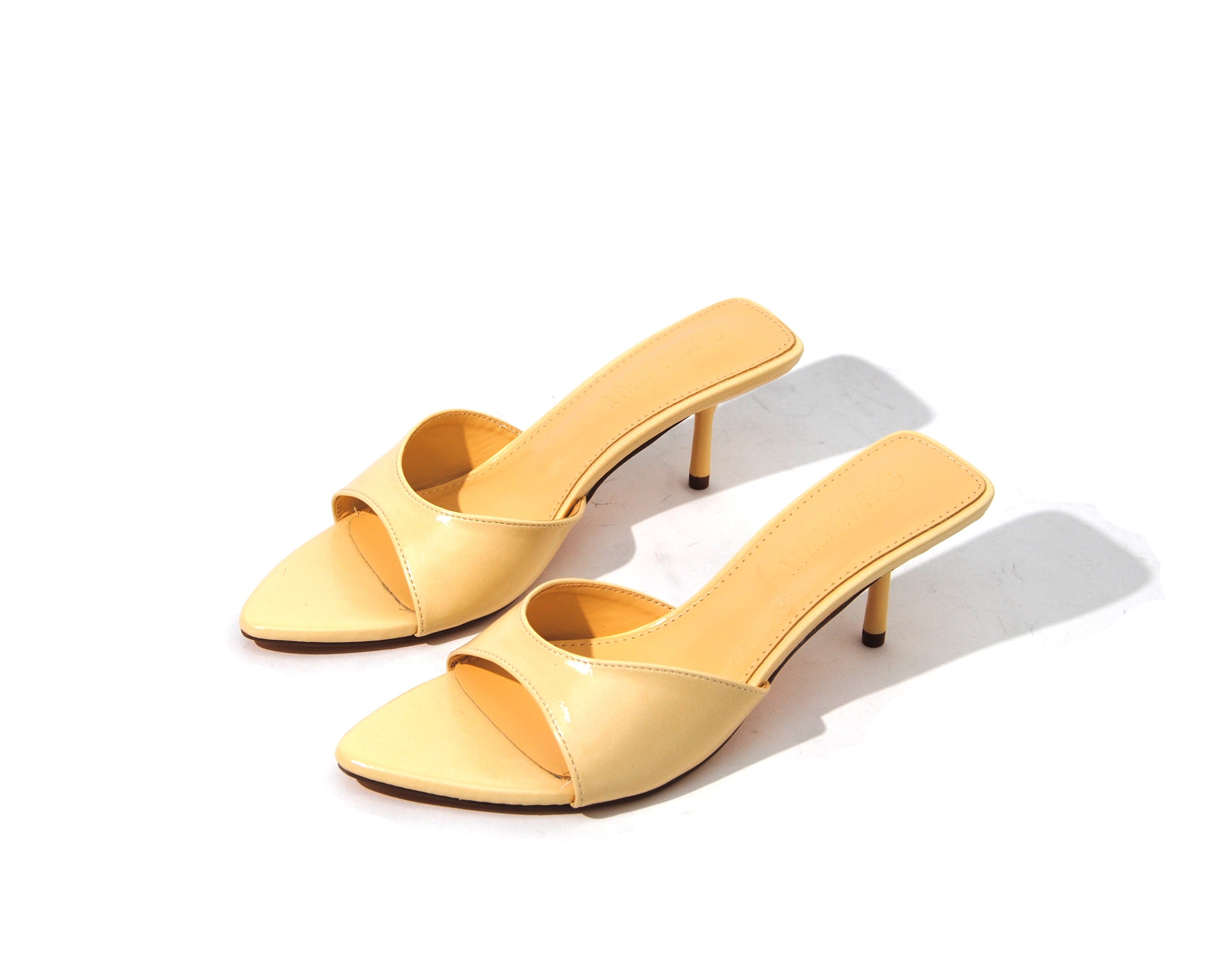 Shinny Material Women Slip On Pointed Toe Kitten Kitty Heel Mule