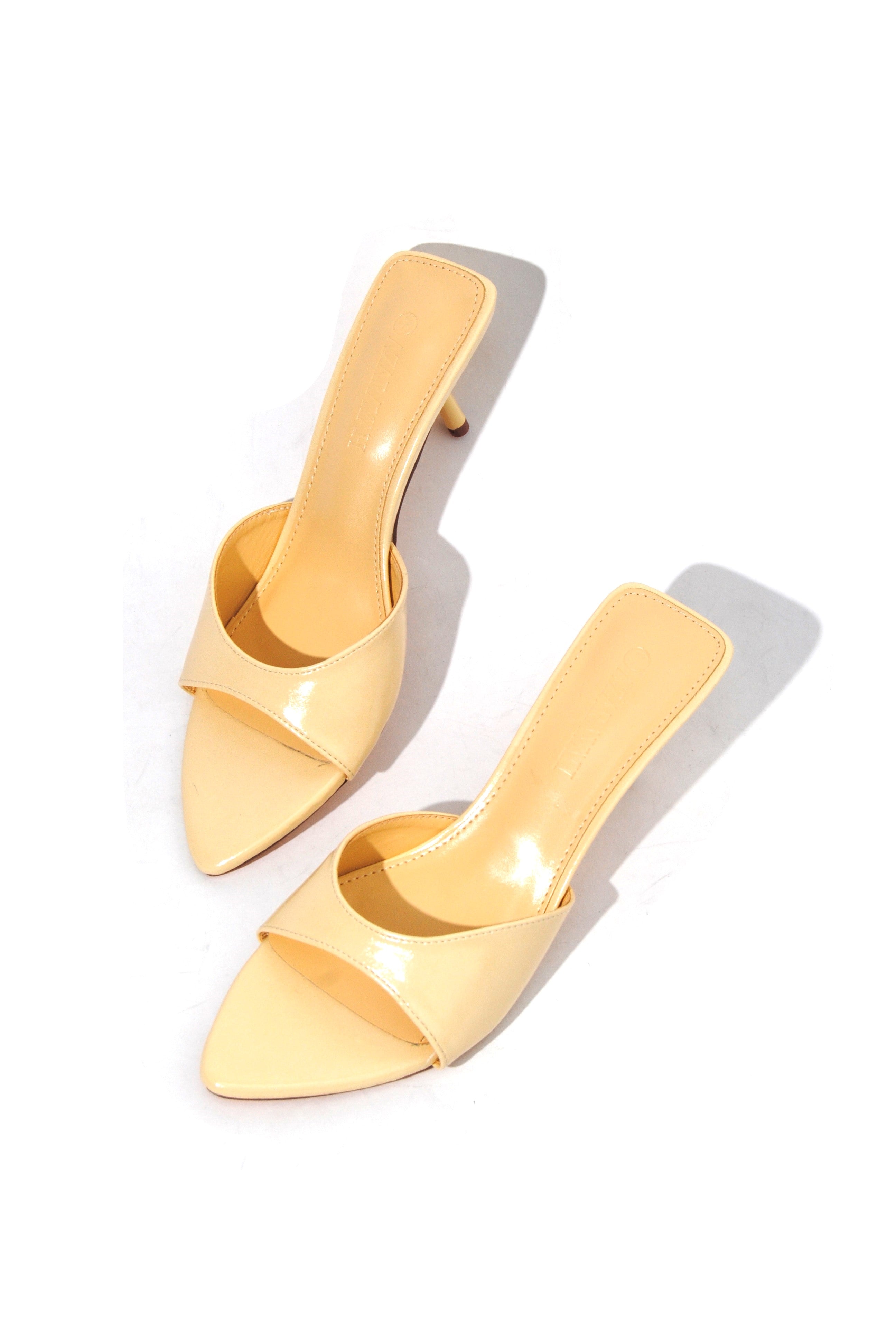 Shinny Material Women Slip On Pointed Toe Kitten Kitty Heel Mule