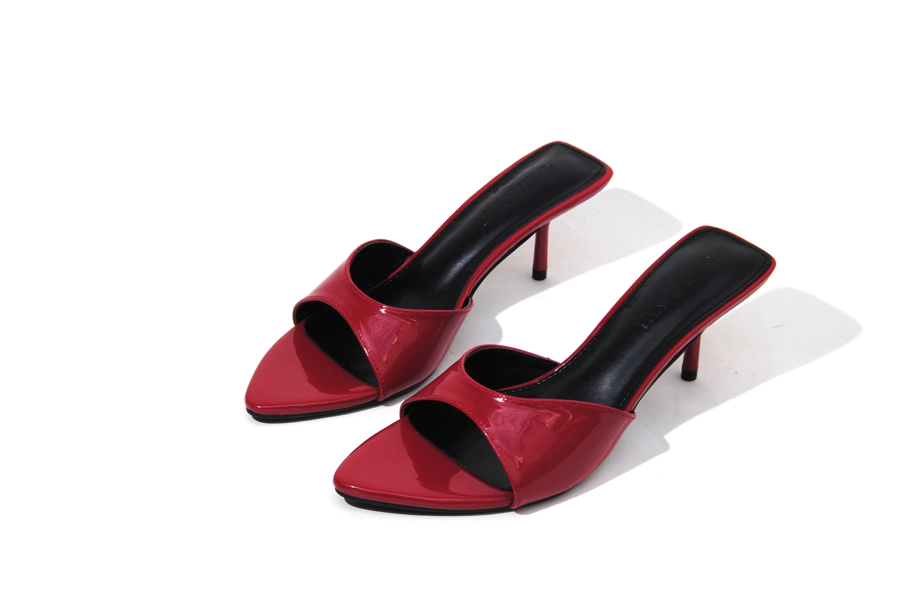 Shinny Material Women Slip On Pointed Toe Kitten Kitty Heel Mule