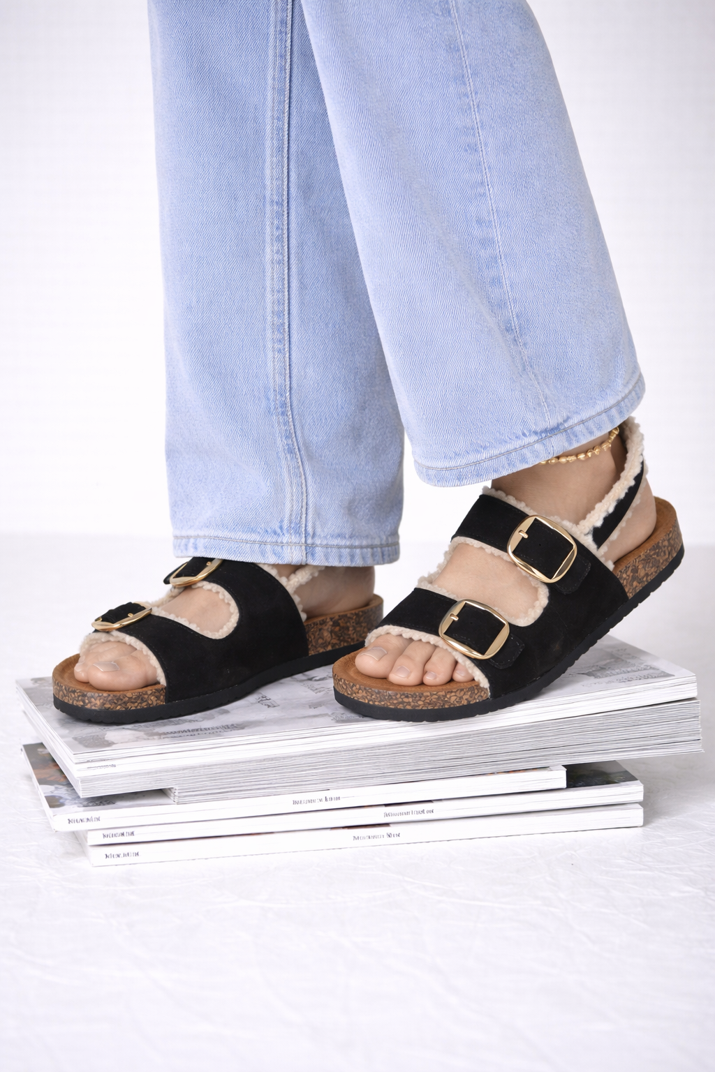 Maple | Slipper Sandal Faux Sherpa Teddy Double Buckle Slides