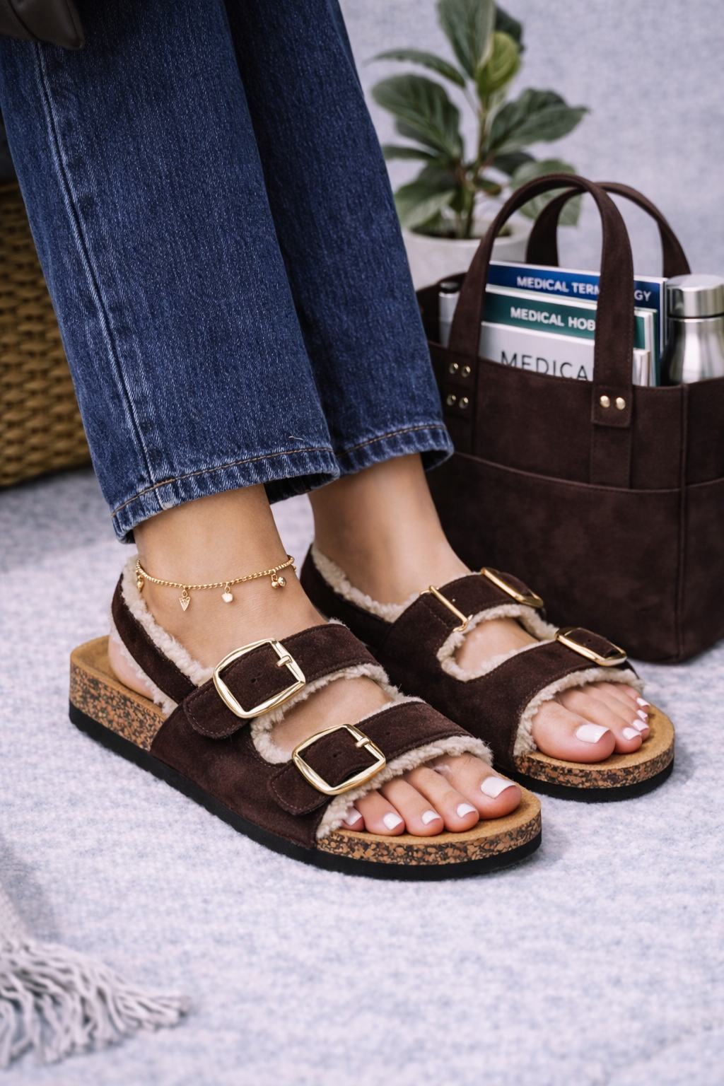 Maple | Slipper Sandal Faux Sherpa Teddy Double Buckle Slides