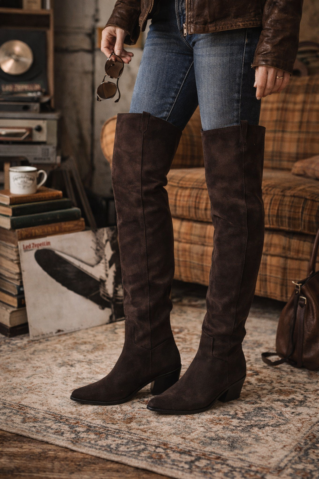 PU & Faux Suede Over Knee-High Low Block Heel Western Boot