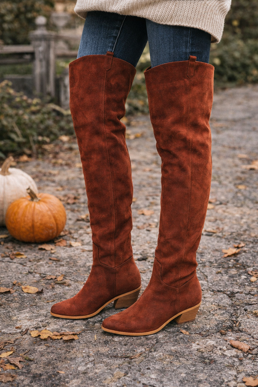 PU & Faux Suede Over Knee-High Low Block Heel Western Boot