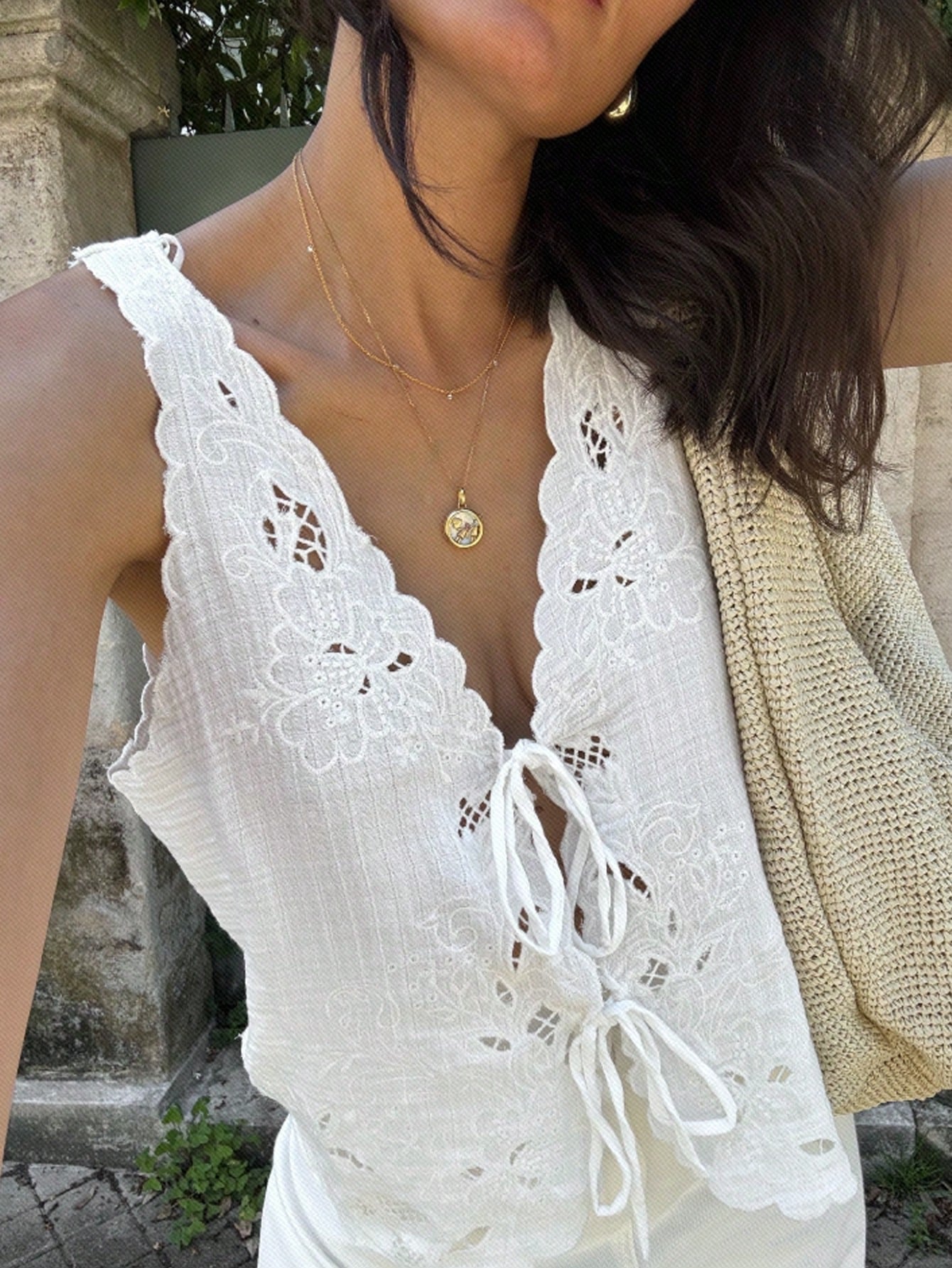 Soleil Eyelet Tie-Front Top – White Cotton Lace Tank