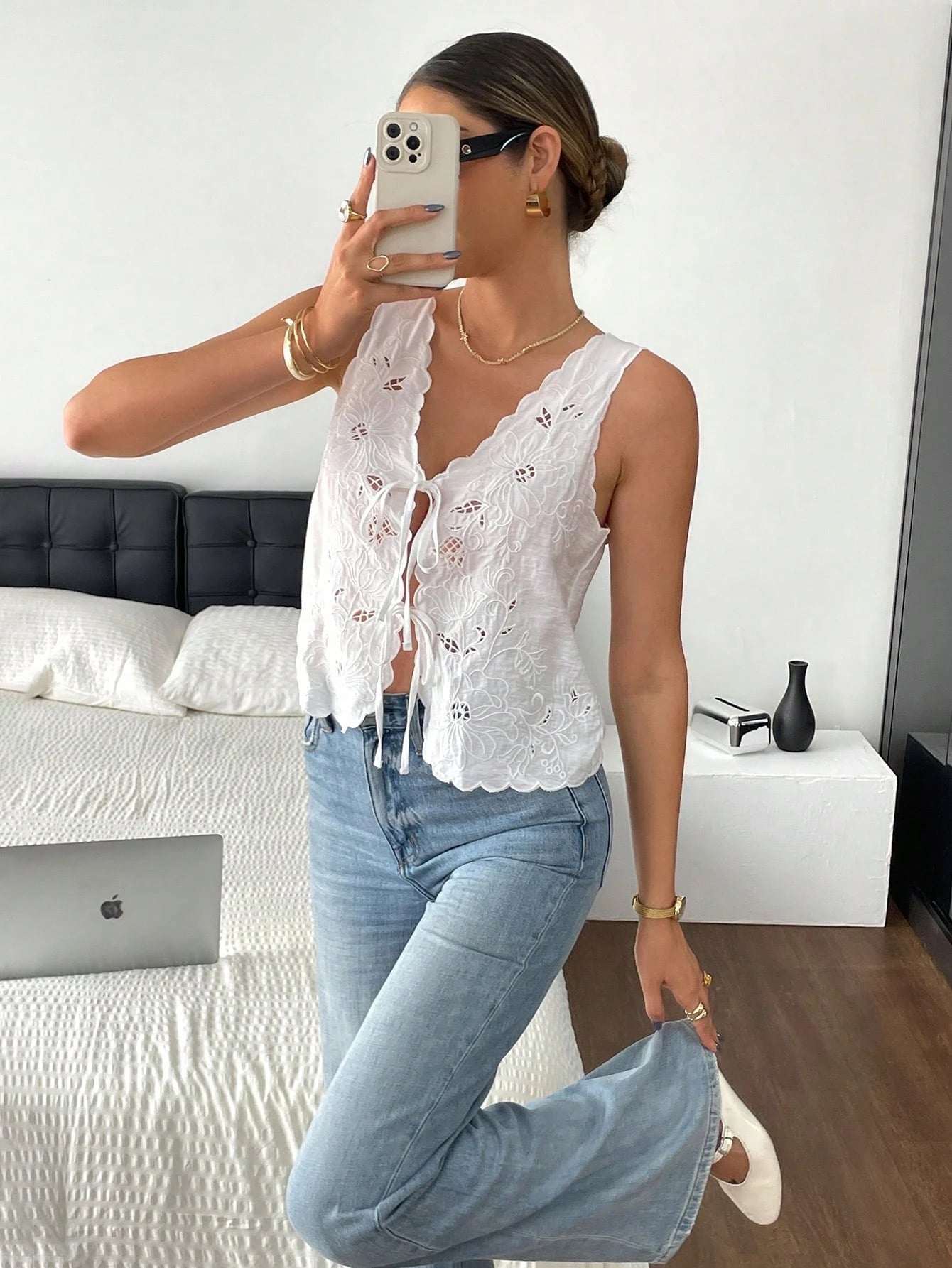 Soleil Eyelet Tie-Front Top – White Cotton Lace Tank