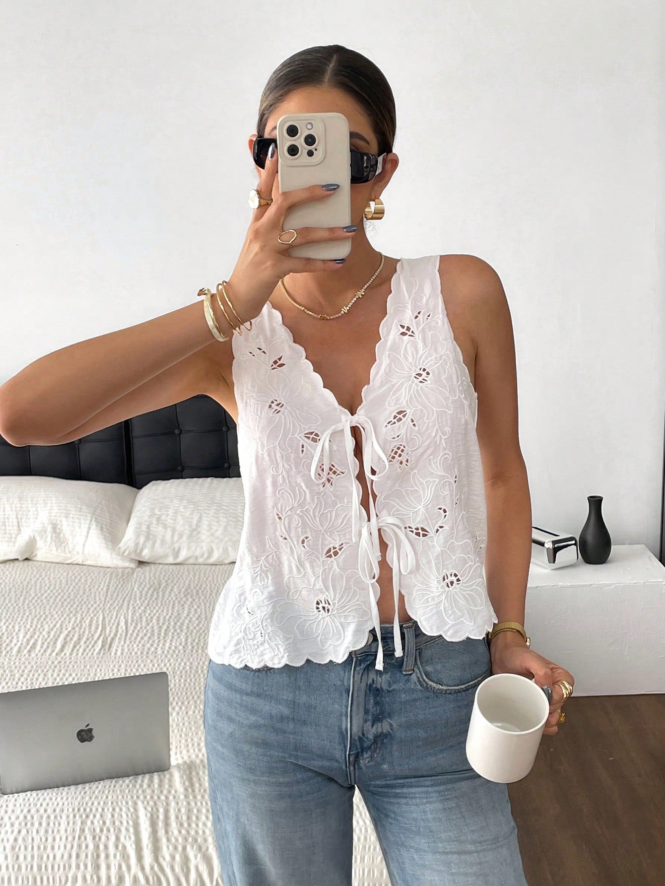 Soleil Eyelet Tie-Front Top – White Cotton Lace Tank