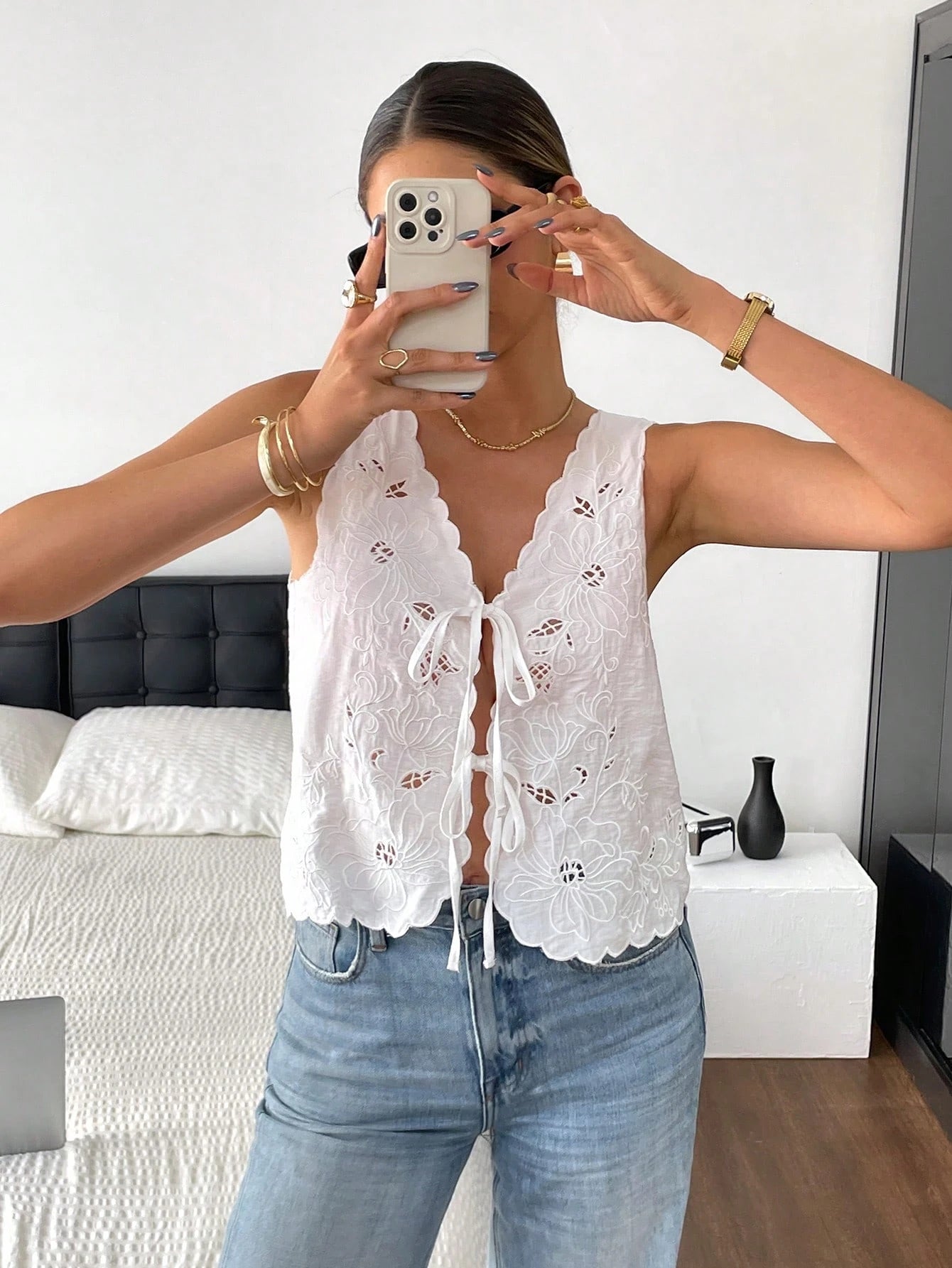 Soleil Eyelet Tie-Front Top – White Cotton Lace Tank