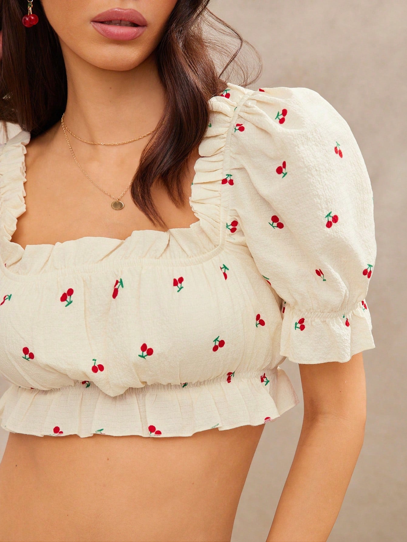 Sweet Cherry Puff Sleeve Crop Top
