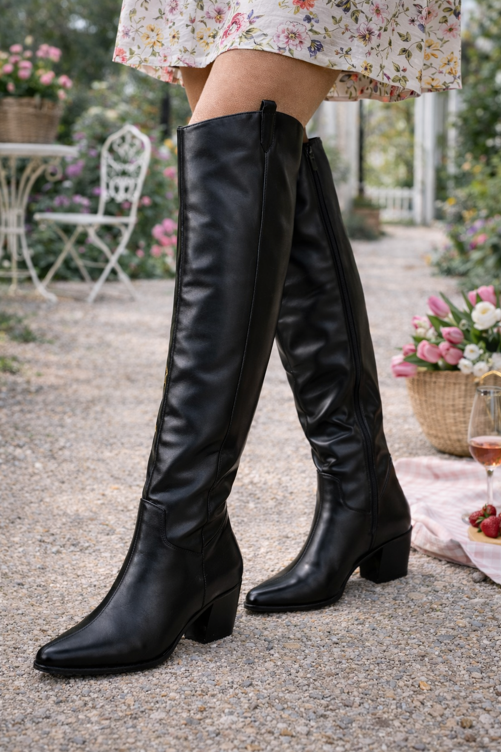 PU & Faux Suede Over Knee-High Low Block Heel Western Boot